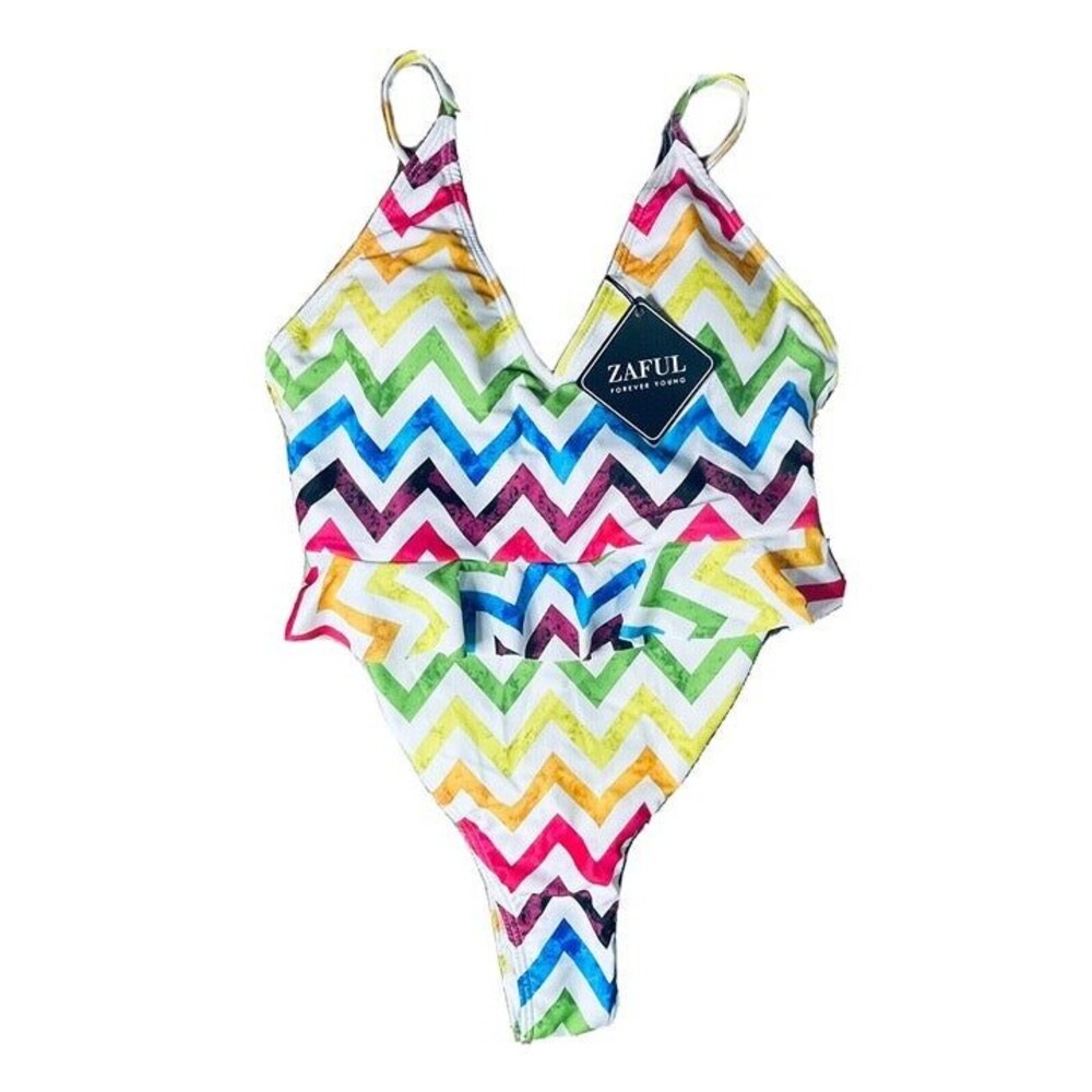 New Rainbow Zaful  Swimsuit Women's Size 8 One Piece Chevron Ruffle Beach Pool